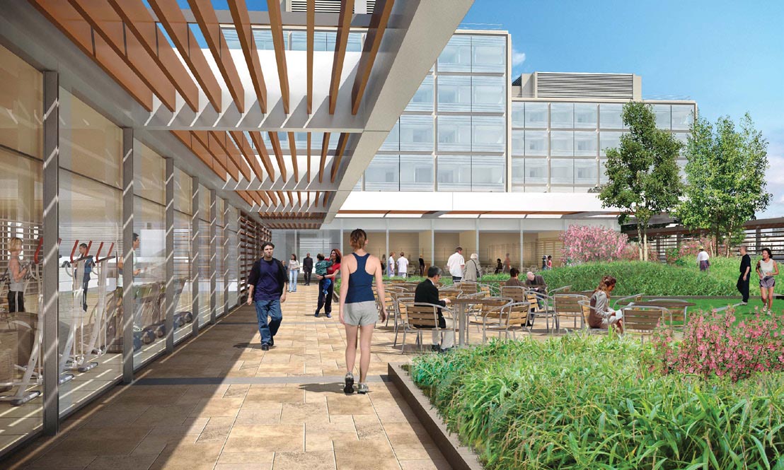 A rendering of the roof garden cafeteria and fitness pavilions by Lee Burkhart Liu Architects, a finalist in Kaiser Permanente's  Small Hospital, Big Idea competition.